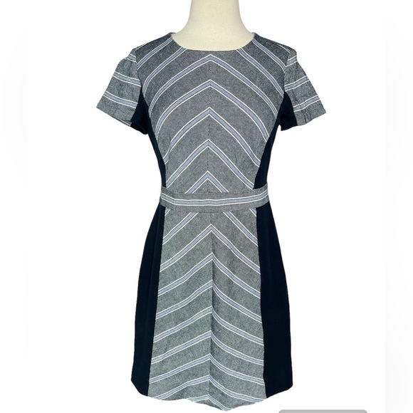 J Crew Womens Linen Striped Patchwork Back Zipped Short Sleeve Dress Blue SZ 6P - Picture 1 of 16